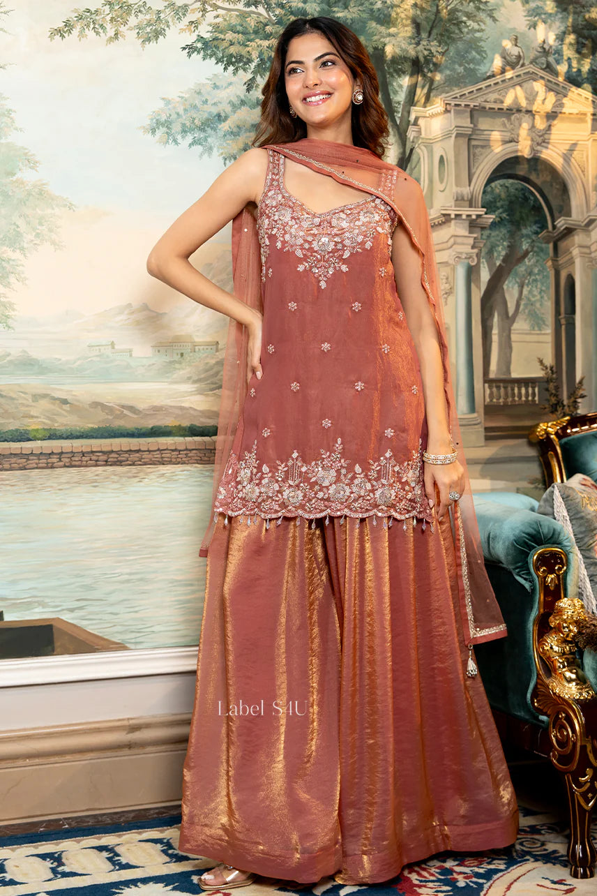 Gulroz Rose-Gold Embroidered Sharara Set