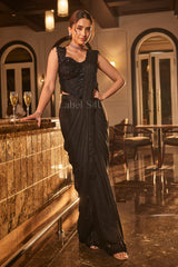 Midnight Black Pre-Draped Sequin Saree Set – Party Wear |Label S4U
