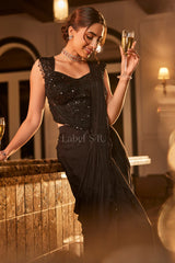 Midnight Black Pre-Draped Sequin Saree Set – Party Wear |Label S4U