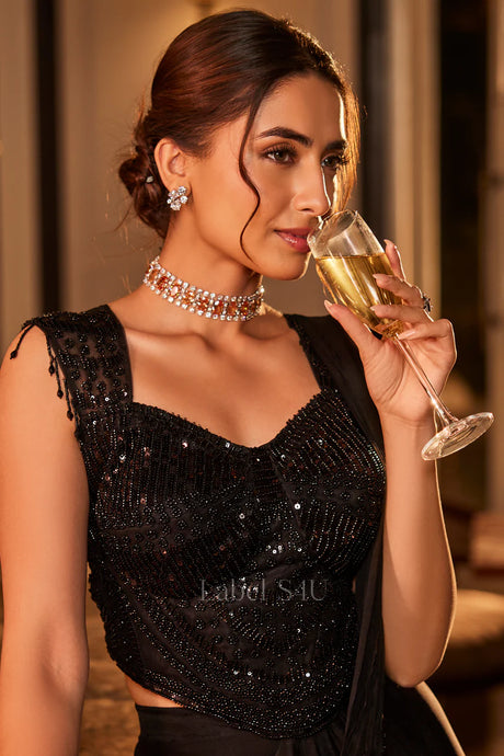 Midnight Black Pre-Draped Sequin Saree Set – Party Wear |Label S4U