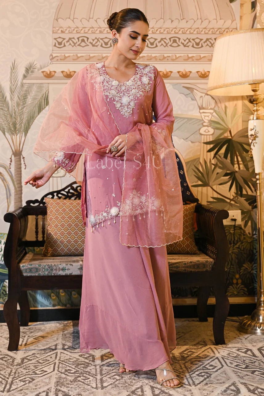 Dusty Rose Embroidered Organza Kurta Set with Dupatta |Label S4U