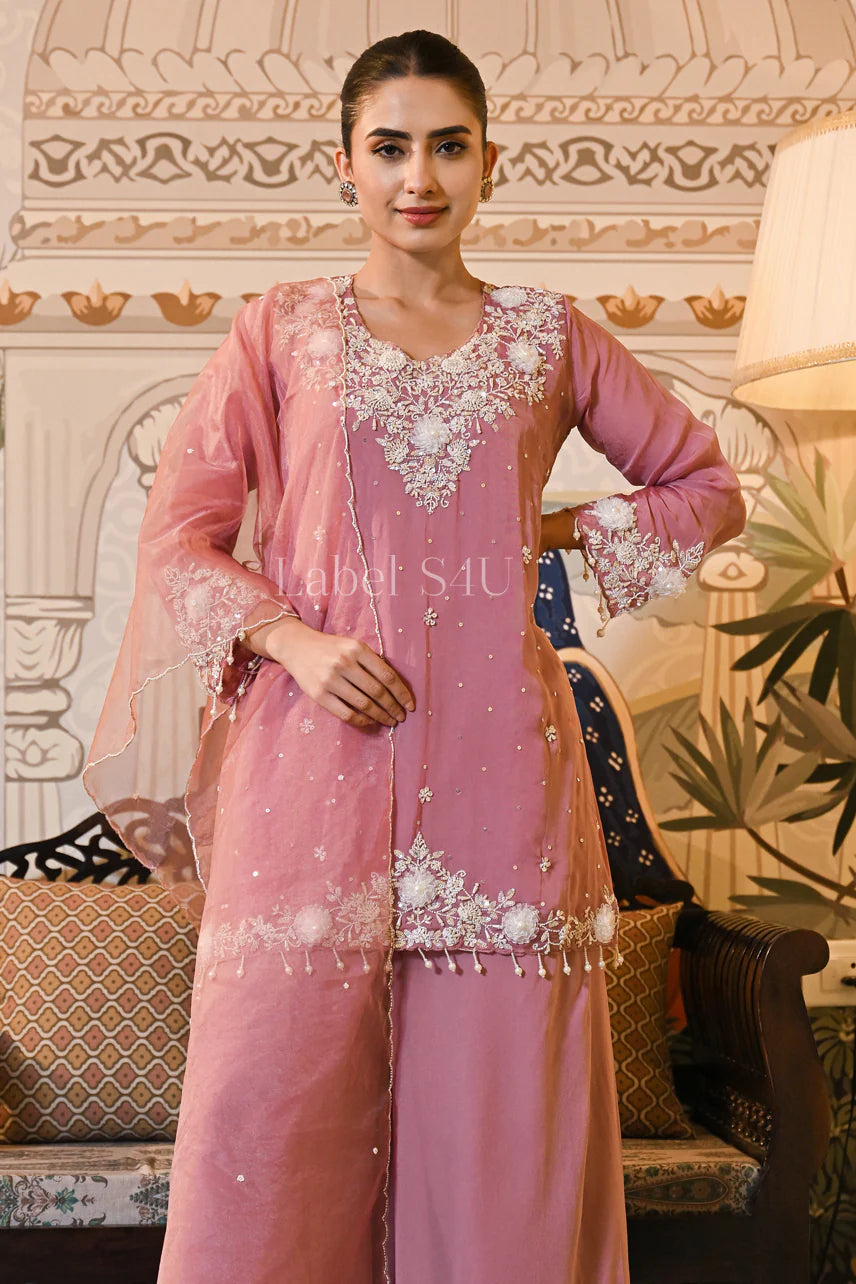 Dusty Rose Embroidered Organza Kurta Set with Dupatta |Label S4U