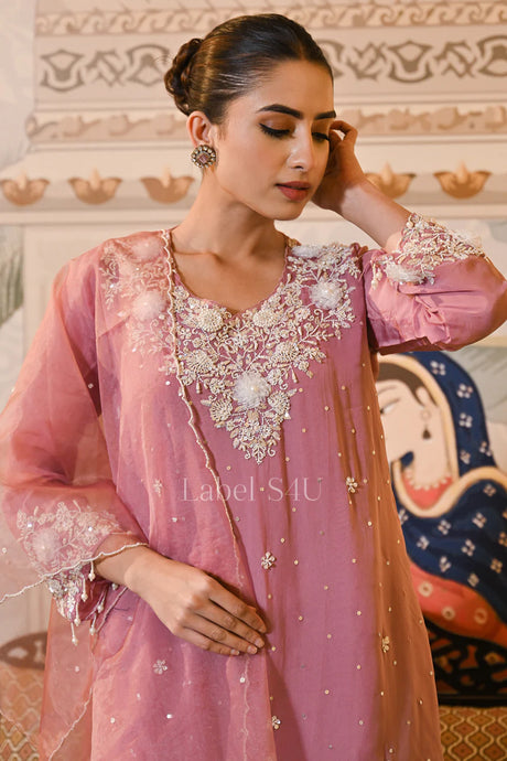 Dusty Rose Embroidered Organza Kurta Set with Dupatta