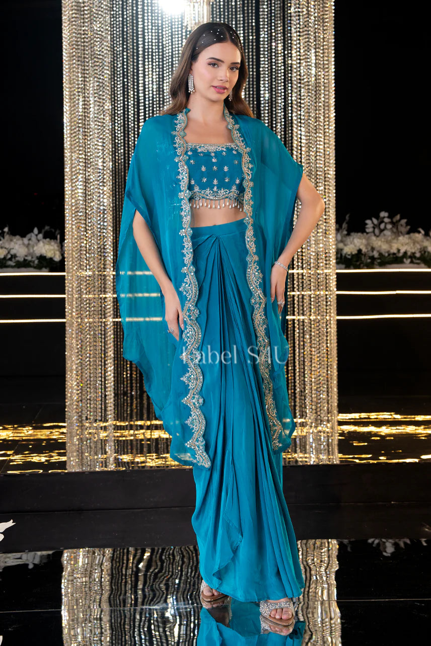 Teal Blue Embellished Cape Saree Set