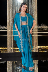 Teal Blue Embellished Cape Saree Set