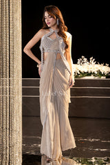 Champagne Silver Embellished Pre-Stitched Saree Set