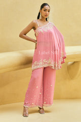 Blush Pink One-Shoulder Embroidered Sharara Set