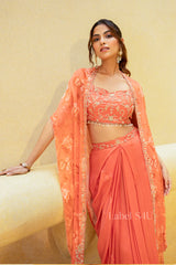 Coral Blossom Embroidered Drape Saree Set