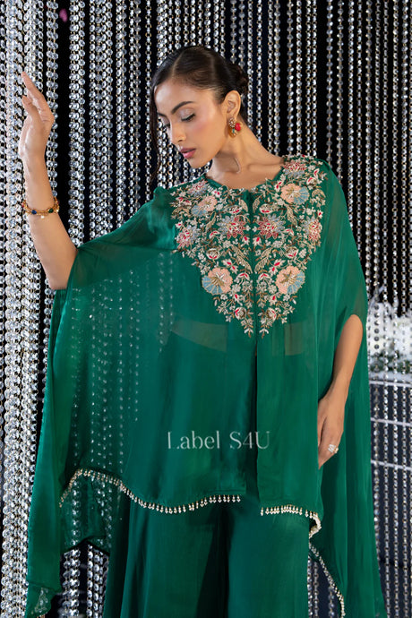 Emerald Aura Floral Cape Set