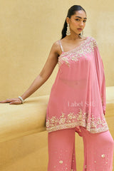 Blush Pink One-Shoulder Embroidered Sharara Set