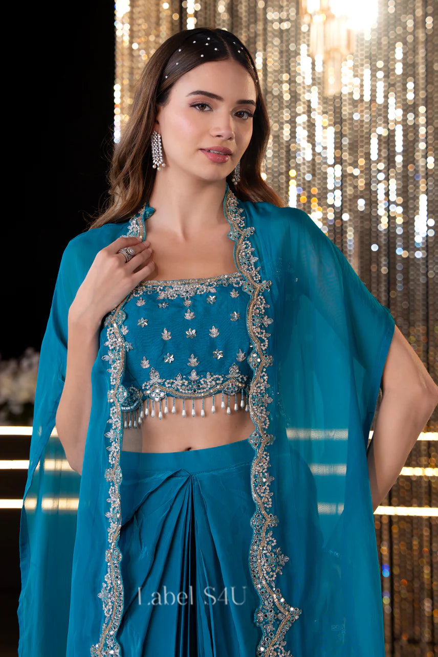 Teal Blue Embellished Cape Saree Set