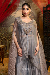 Grey Embellished Kaftan Sharara Set