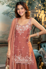 Gulroz Rose-Gold Embroidered Sharara Set