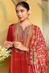 Rust Red Printed Kurta Salwar Dupatta Set