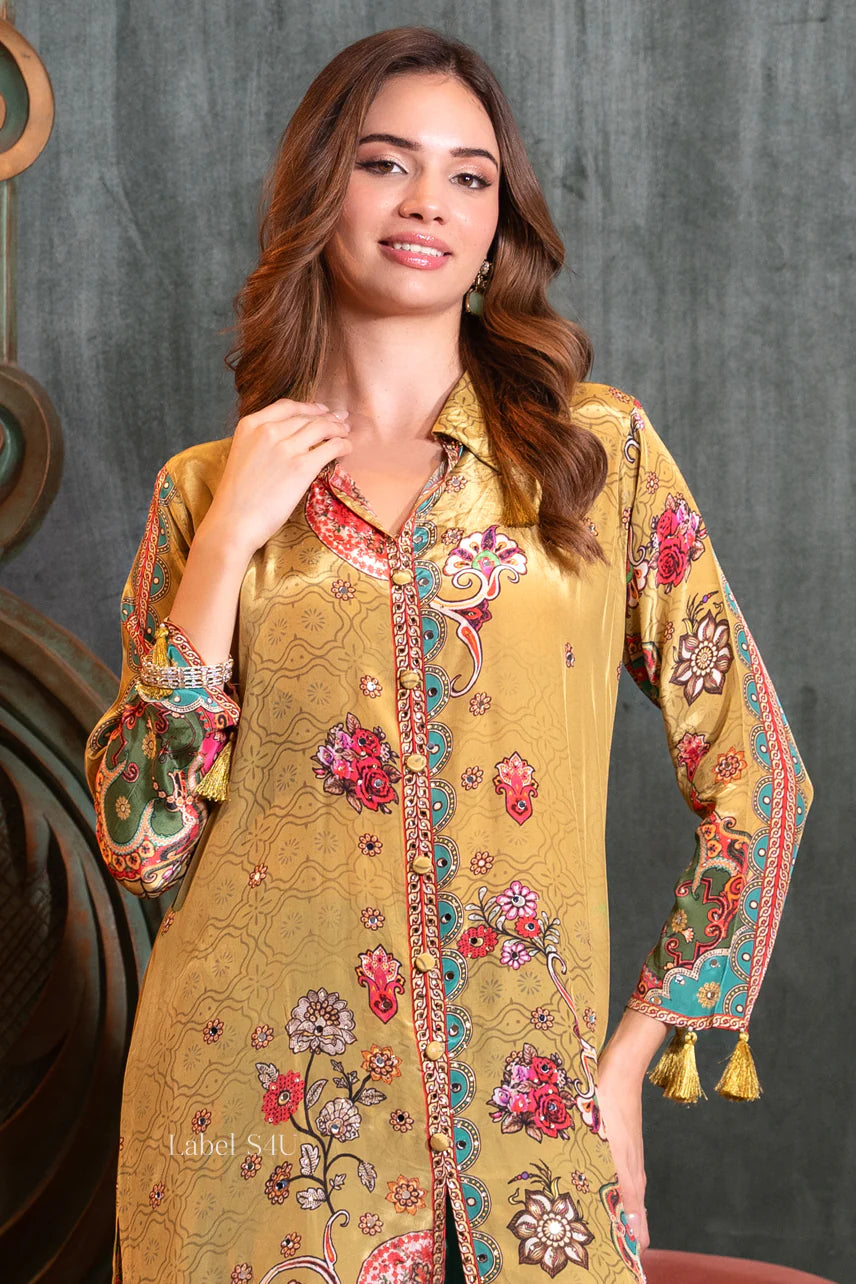 Noorani Boho Luxe Set – Mustard Multicolor Long Kurta Palazzo Co-Ord