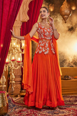 Orange Lehenga Choli with Intricate Silver Design, Pleated Skirt, Indian Party Outfit