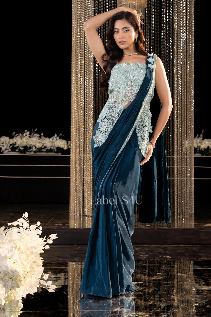 Emerald Frost Draped Saree Gown