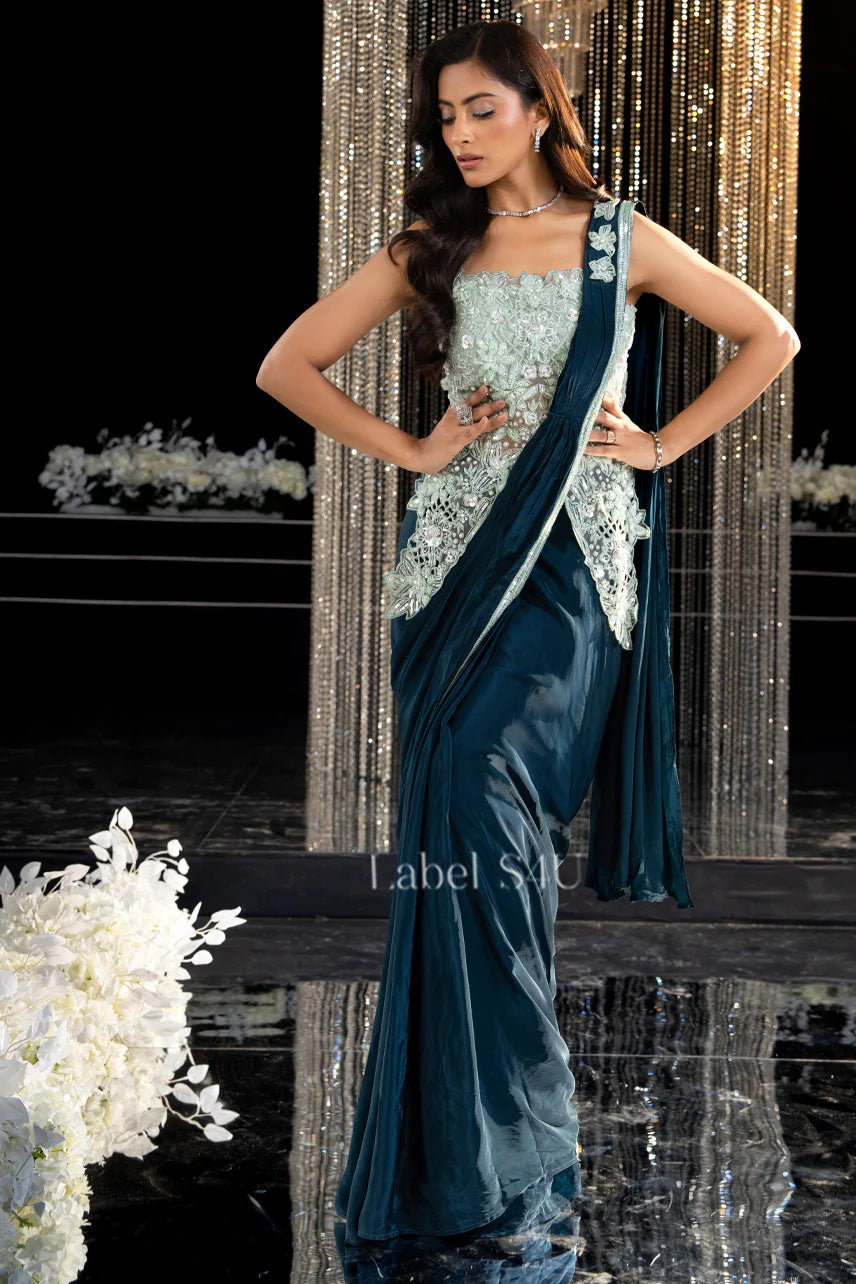 Emerald Frost Draped Saree Gown