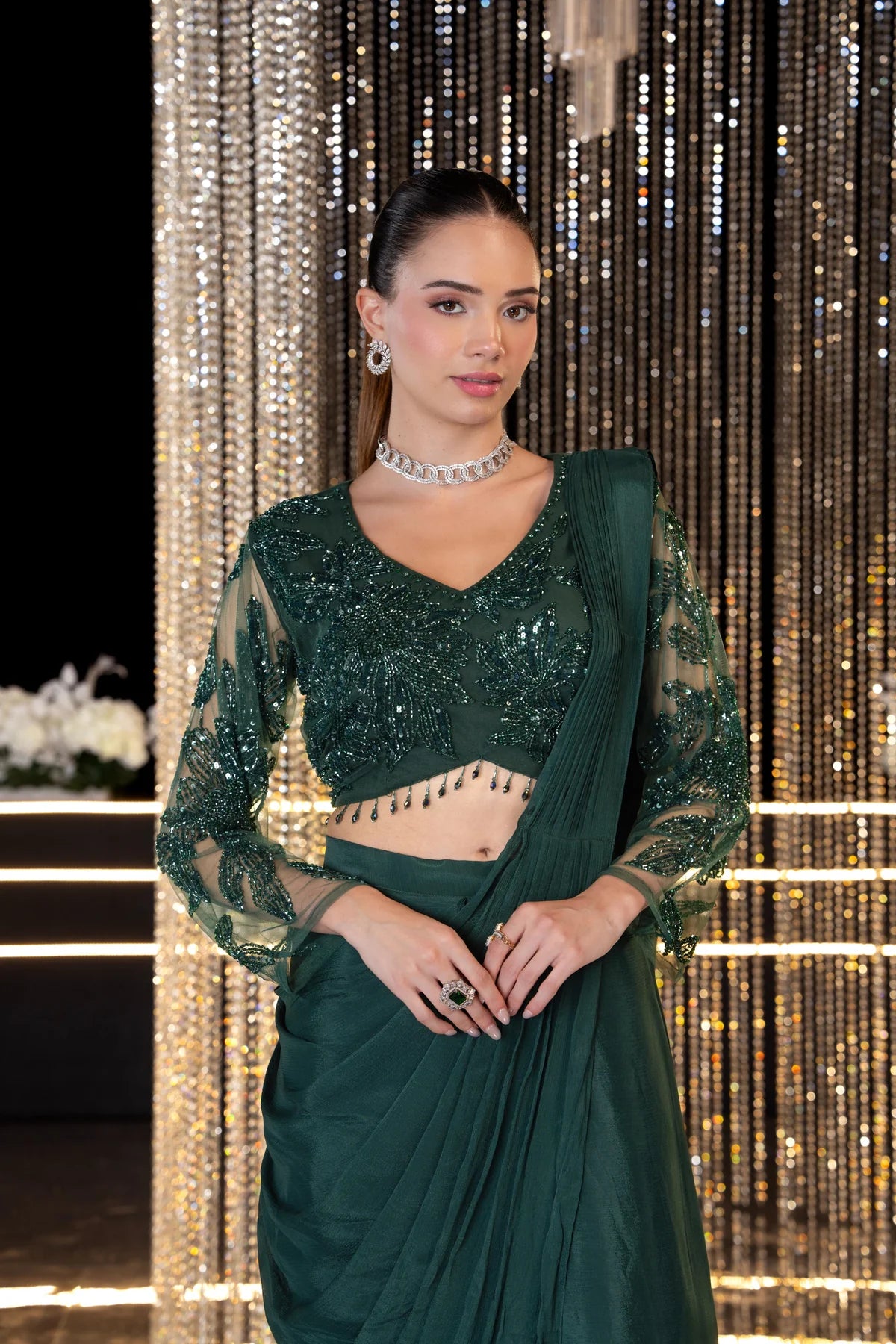 Emerald Midnight Luxe Beaded Draped Saree Couture