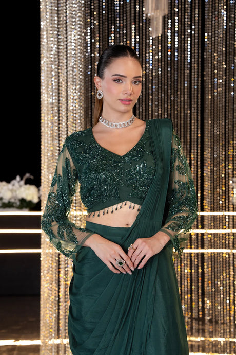 Emerald Midnight Luxe Beaded Draped Saree Couture
