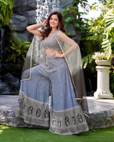 Silver Sequin Crop Top Palazzo Set with Net Cape