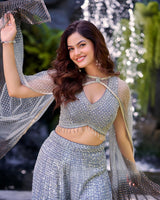Silver Sequin Crop Top Palazzo Set with Net Cape