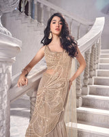 Champagne Gold Drape Lehenga Set with Embellished Blouse – Indo Western Saree Gown for Wedding & Party Wear