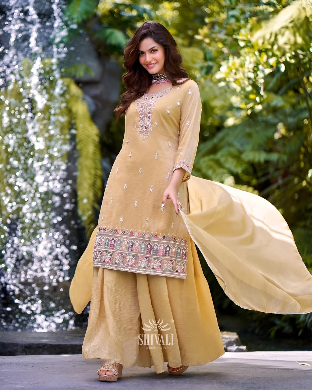 Mustard Yellow Embroidered Kurta Set with Palazzo & Dupatta – Elegant Festive Indian Outfit for Women