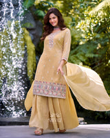 Mustard Yellow Embroidered Kurta Set with Palazzo & Dupatta – Elegant Festive Indian Outfit for Women