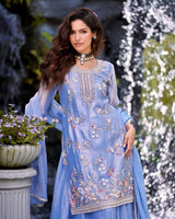 Pastel Blue Floral Embroidered Kurta Palazzo Set with Dupatta – Elegant Festive Indo Western Suit for Women