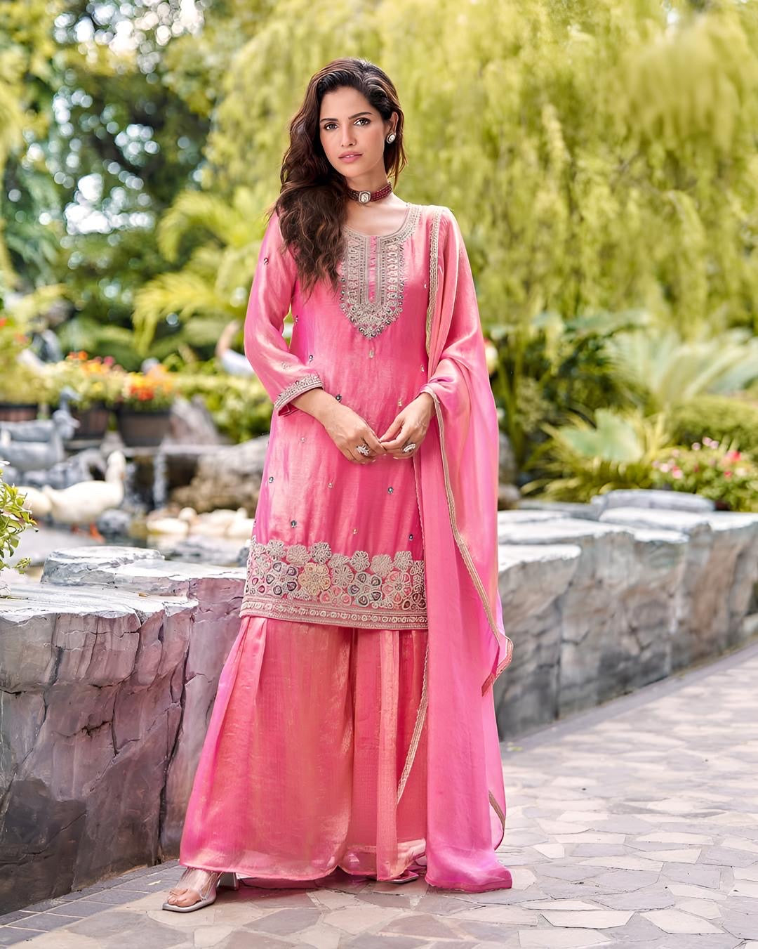 Blush Pink Embroidered Sharara Set with Dupatta – Festive Indian Pakistani Ethnic Wear for Weddings & Celebrations