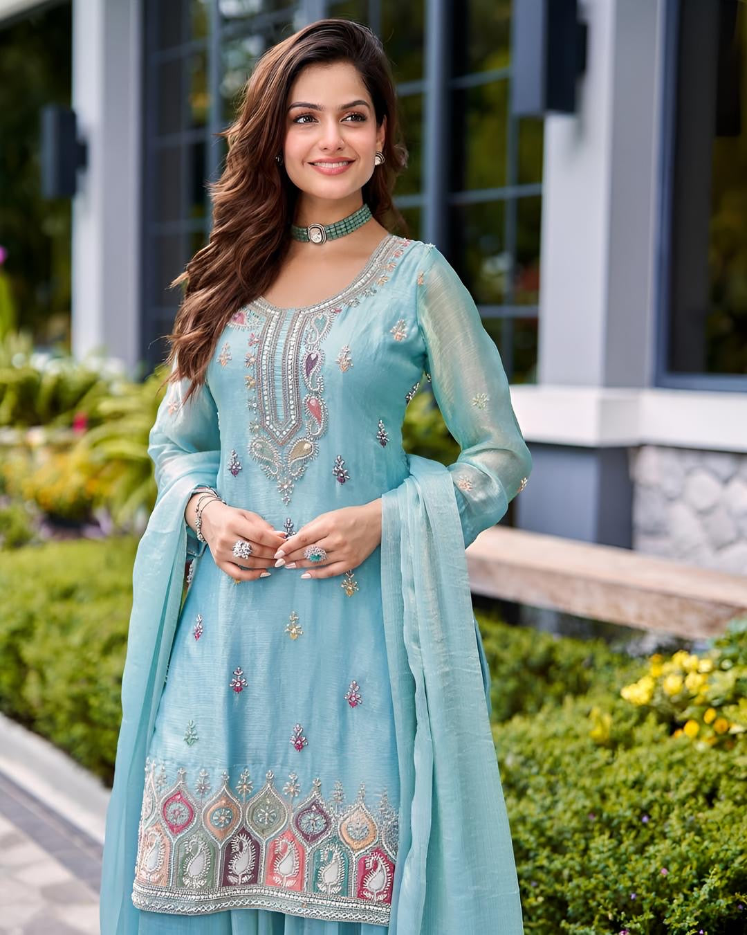 Turquoise Blue Embroidered Sharara Suit with Dupatta – Elegant Indian Ethnic Outfit for Eid & Special Events