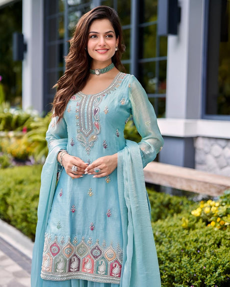 Turquoise Blue Embroidered Sharara Suit with Dupatta – Elegant Indian Ethnic Outfit for Eid & Special Events