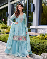 Turquoise Blue Embroidered Sharara Suit with Dupatta – Elegant Indian Ethnic Outfit for Eid & Special Events
