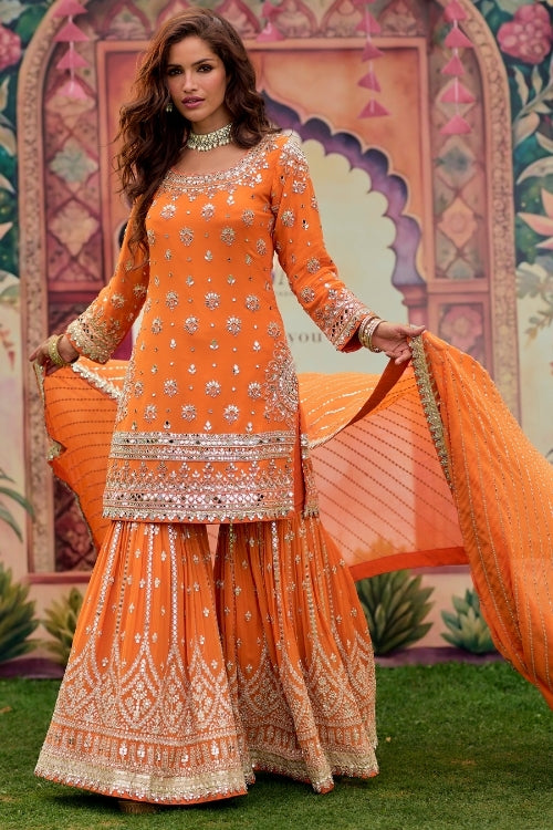 Vibrant Orange Embroidered Gharara Set with Mirror Work – Traditional Pakistani Wedding & Festive Wear