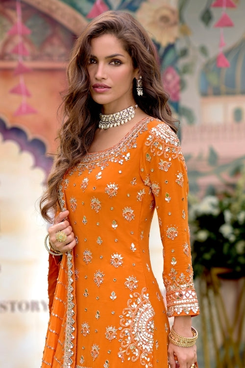 Vibrant Orange Embroidered Gharara Set with Mirror Work – Traditional Pakistani Wedding & Festive Wear