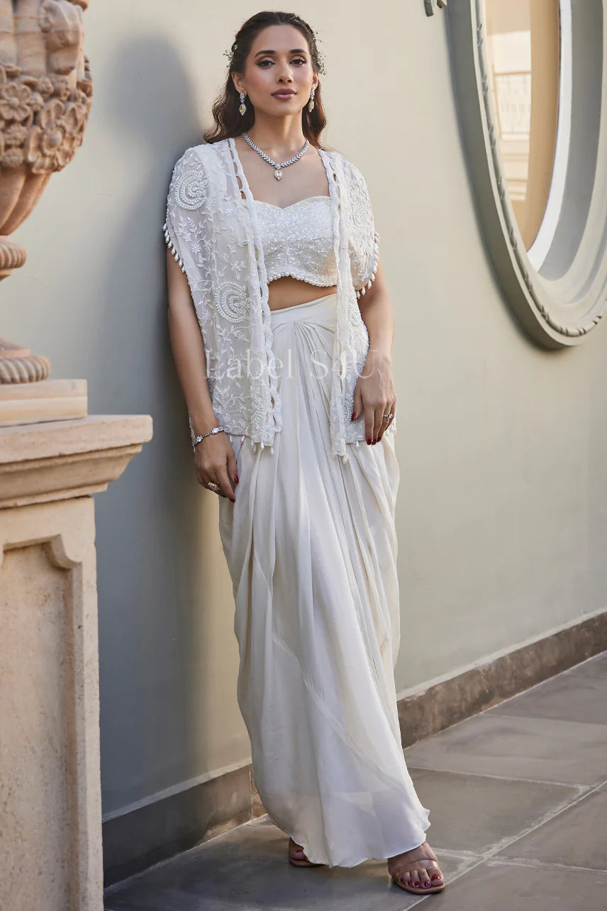 Ivory Dreams Drape Set | Sequin Bandeau Blouse & Pre-Draped Skirt with Embroidered Cape | Timeless Bridal & Evening Wear | Label S4U