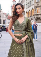 Olive Green Banarasi-Style Lehenga Set with Ethnic Motif Embroidery – Heritage Indian Wedding Wear