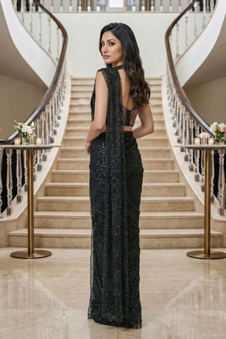 Black Shimmer Pre-Stitched Saree with Embellished Blouse – Elegant Cocktail & Reception Wear for Women