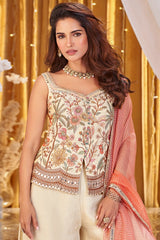 Ivory Palazzo Set with Embroidered Floral Corset and Peach Dupatta – Elegant Indo Western Festive Outfit for Women