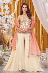 Ivory Palazzo Set with Embroidered Floral Corset and Peach Dupatta – Elegant Indo Western Festive Outfit for Women