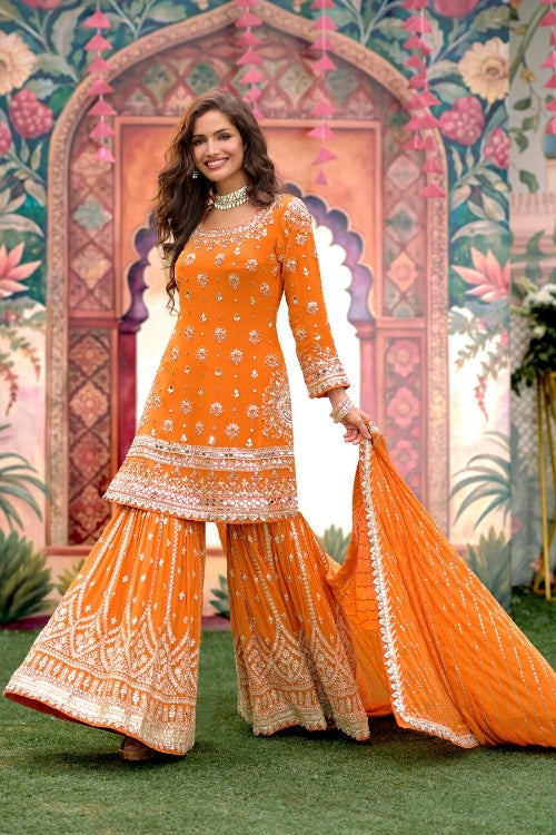 Vibrant Orange Embroidered Gharara Set with Mirror Work – Traditional Pakistani Wedding & Festive Wear