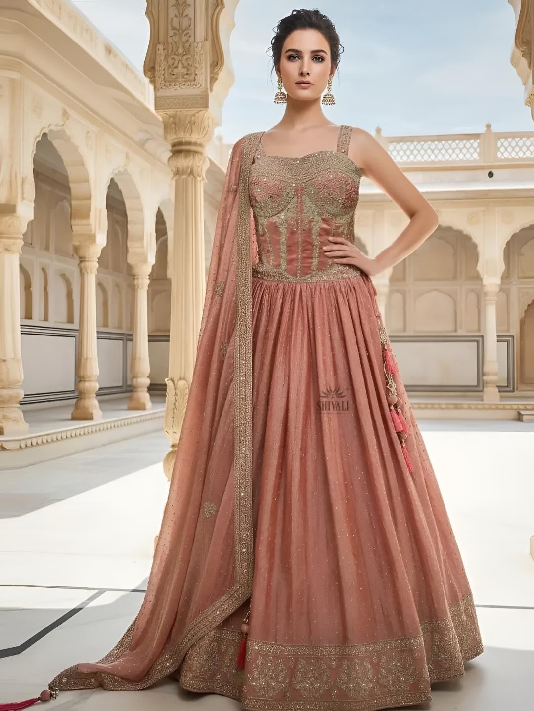 Dusty Rose Embroidered Corset Lehenga Gown – Bridal Mehndi & Reception Outfit by Mishuuu