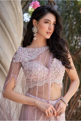 Lilac Sequin Crop Top & Draped Skirt Set with Net Cape – Indo Western Saree Gown for Party & Wedding Wear