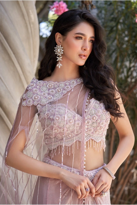 Lilac Sequin Crop Top & Draped Skirt Set with Net Cape – Indo Western Saree Gown for Party & Wedding Wear