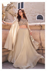 Champagne Gold Embellished Lehenga Set with Cape – Indo Western Reception Outfit for Women