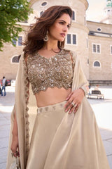 Champagne Gold Embellished Lehenga Set with Cape – Indo Western Reception Outfit for Women