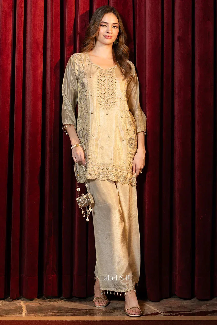 Champagne Shimmer Embroidered Kurta Pant Set - MishUUU