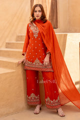 Vermilion Zari Embroidered Kurta Palazzo Ensemble