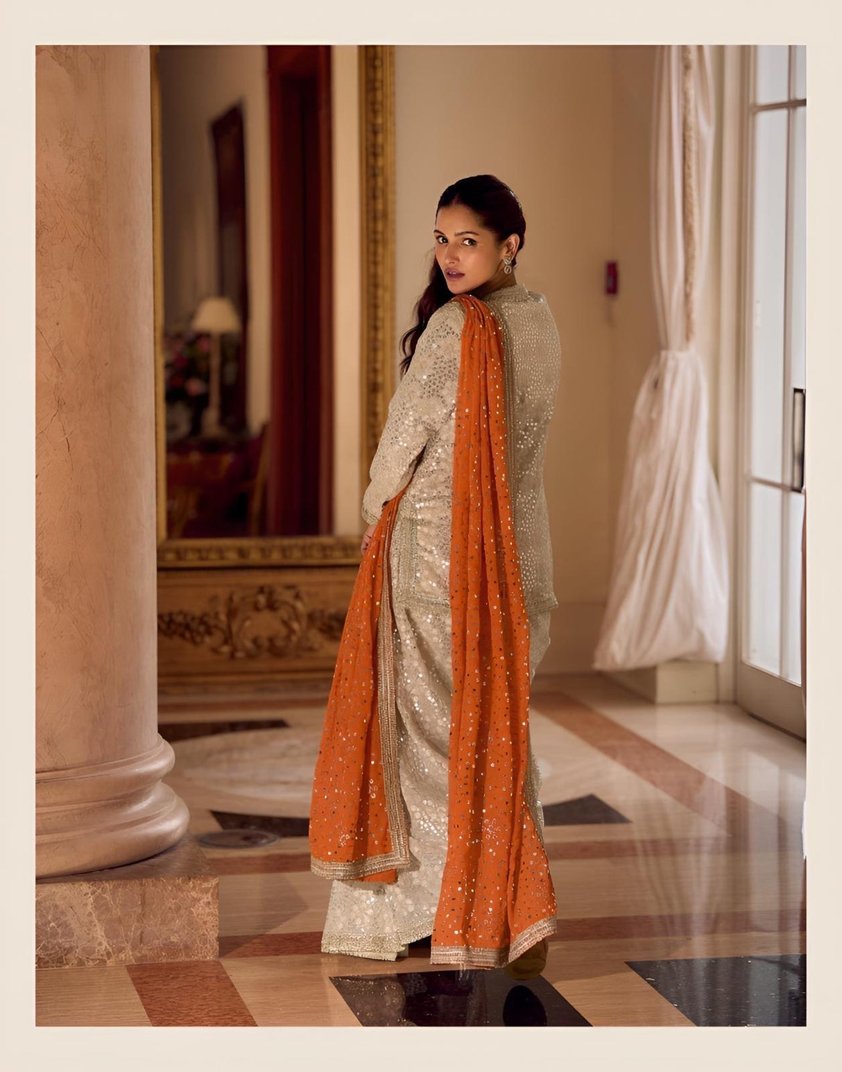 Ivory Saffron Mirror Luxe Sharara Couture Ensemble